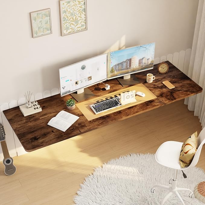 IAE Wall Mounted Floating Foldable Desk, 60" x 22" Folding Computer Workstation Table with Engineered Wood and Metal Shelf Brackets,Fold&Floating Design for Home Office, Apartment,Laundry Room,Rustic