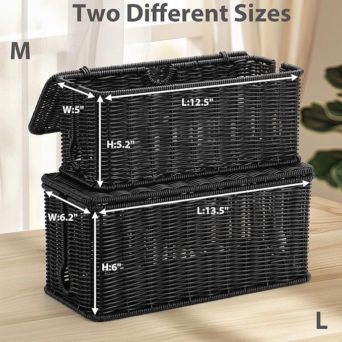 ZhiYo Rattan Cable Management Box, Black Desk Cord Organizer, 2 Pack (M&L) | Handwoven black imitation rattan cord hider box conceals power strips and cables for a clean desk or floor setup