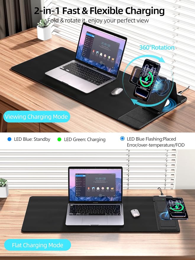 Mouse Pad with Magnetic Wireless Charging & Adjustable Phone Stand | 27.5"x11.8" Computer Keyboard Pad Mat with Anti-Slip Base & Stitched Edge, Easy Gliding, Spill-Resistant Surface, Black