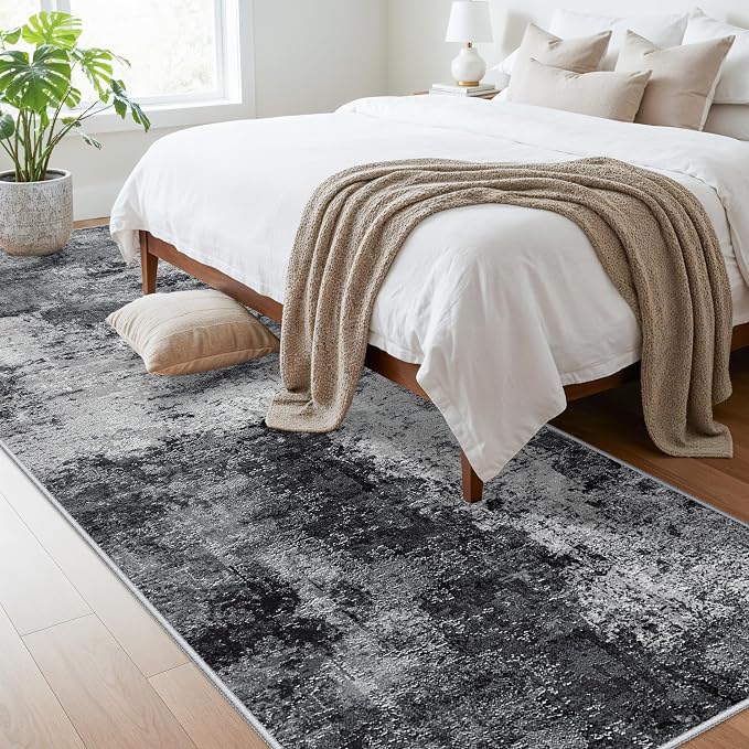 Abstract 3x10 Washable Runner Rug: Indoor Modren Kitchen Carpet with Non-Slip Backing Ultra Thin Low Pile Foldable Rugs Stain Resistant Durable Floor Mat for Bathroom Hallway Laundry 3X10 BlackW