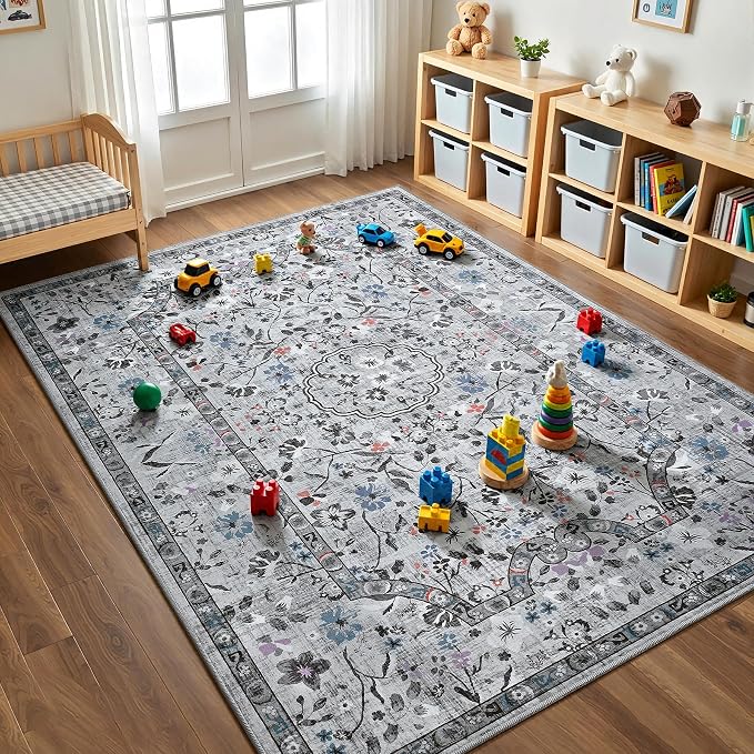 Vasofe 5x7 Rug for Living Room, Washable Rugs for Bedroom, Laundry, Dining Room, Vintage Floral Indoor Non Slip Carpet Farmhouse Grey Throw Carpets Soft Low Pile Mat for Dorm Bedside Office