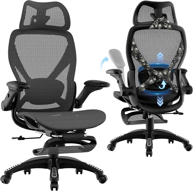 ELABEST X100 Ergonomic Mesh Office Chair with Footrest, Big and Tall Home Desk Chair with 5D Flip-Up Arms, Adjustable 3D Lumbar Support, Gaming & Executive Computer Chair, Night Reaper