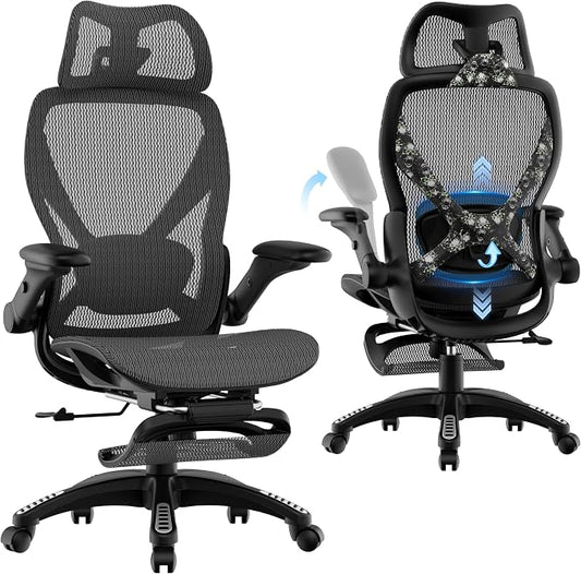 ELABEST X100 Ergonomic Mesh Office Chair with Footrest, Big and Tall Home Desk Chair with 5D Flip-Up Arms, Adjustable 3D Lumbar Support, Gaming & Executive Computer Chair, Night Reaper