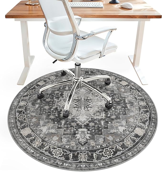 Office Chair Mat for Hardwood Tile Floor, Under Desk Carpet Protector for Rolling Computer Chair Mat, Round Washable Rugs 5ft Circle Area Rug, Anti-Slip 1/5" Thick Low Pile Thin Floor Mat, Black
