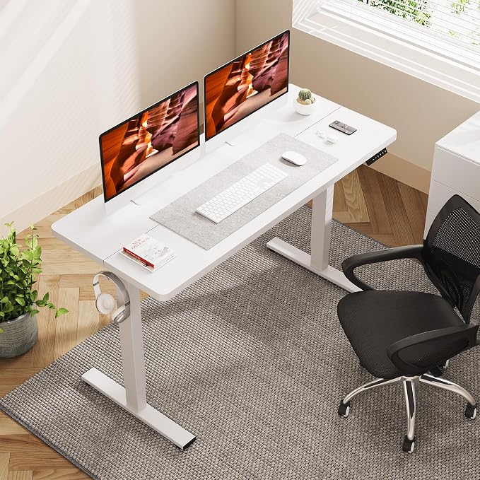 Adjustable Stand Up Desk with Memory Preset, 55 x 24 Inch Standing Desks Electric Desk for Home Office with Splice Board (White)