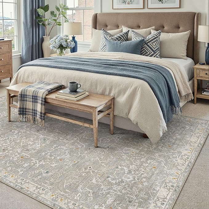 HUGEAR Area Rug 5x7 Retro Grey Machine Washable Living Room Rugs Distressed Vintage Floral Vacuumable Low Pile Carpet Bedroom Office Dining Room Laundry Room Non Slip Soft Lightweight