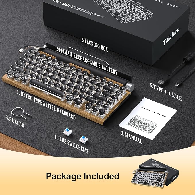 Retro Typewriter Wireless Mechanical Gaming Keyboard, Bluetooth 5.0 Office Computer Vintage Keyboards 83-Key Blue Switches Punk Round Keycap, LED Backlight, Compatible with PC/Laptop/Pad/Phone, Wood