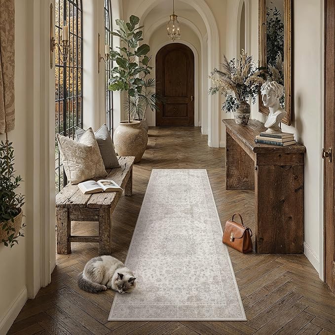 PureCozy 2x8 Runner Rug Washable Neutral Beige Vintage Hallway Kitchen Carpet Non Slip Low Pile Soft Floral Indoor Long Throw Rug for Bedroom Bathroom Laundry Living Room
