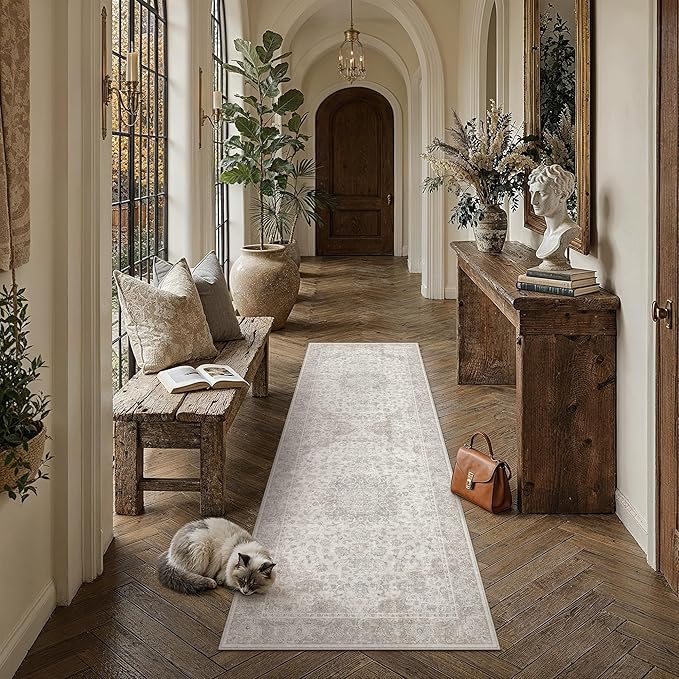 PureCozy 2x4 Runner Rug Washable Neutral Beige Vintage Hallway Kitchen Carpet Non Slip Low Pile Soft Floral Indoor Long Throw Rug for Bedroom Bathroom Laundry Living Room