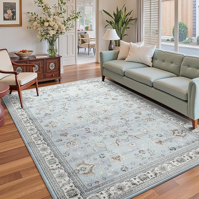 5x7 Light Blue Washable Boho Area Rug for Living Room, Vintage Floral Non Slip Bedroom Rugs, Wool Low Pile Indoor Mat, Aesthetic Pattern Carpet for Kitchen, Office and Kids Room