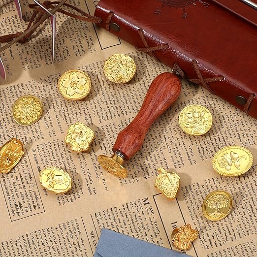 Wax Seal Stamp Kit,12pcs Sealing Wax Stamp Heads Flower Classical Wax Sealing Stamp Crafts Wax Seal Stamp with a Wooden Handle for Invitation Envelopes Letters