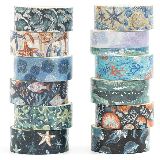 12 Rolls Charming Washi Tape Set Gold Silver Foil Detailing Arts Adhesive Tapes Basic Patterns Decorative Masking Tape Sets for Craft, Kids, Scrapbook, DIY, Gift Wrapping (Oceanic Dreams)