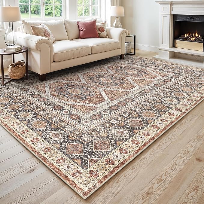 10x12 Area Rug for Living Room: Vintage Oriental Washable Rug for Bedroom Dining Room with Non Slip Rubber Backing Stain Resistant Low Pile Large Carpet Home Office (Brick, 10x12)