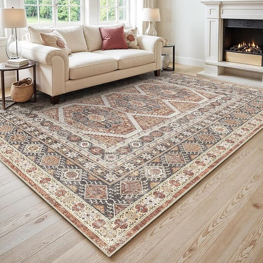 10x12 Area Rug for Living Room: Vintage Oriental Washable Rug for Bedroom Dining Room with Non Slip Rubber Backing Stain Resistant Low Pile Large Carpet Home Office (Brick, 10x12)