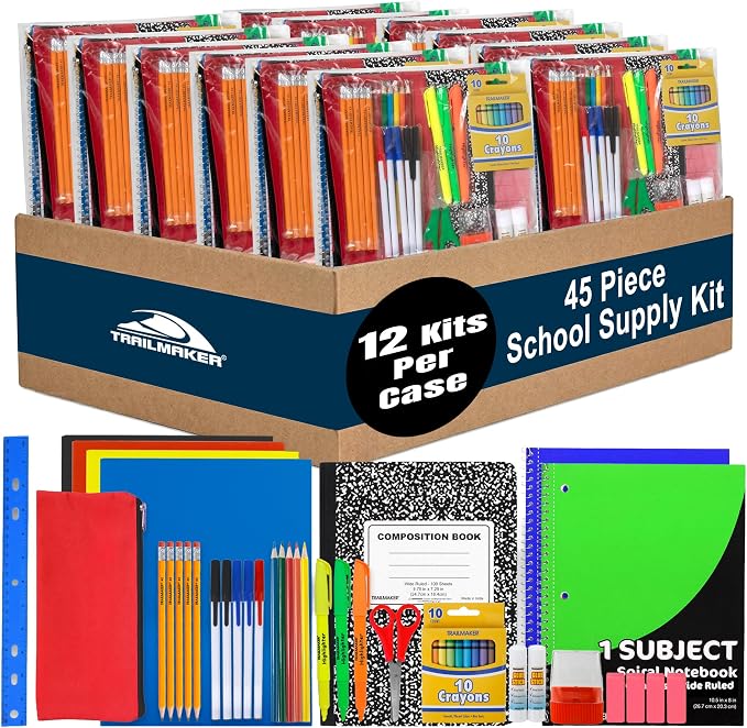 Trailmaker 12 Pack Bulk School Supply Kits | 45 Piece Classroom Supply Sets for Elementary & Middle School | Notebooks, Pencils, Crayons & Essentials | Back to School Supply Kit for Students All in One Set