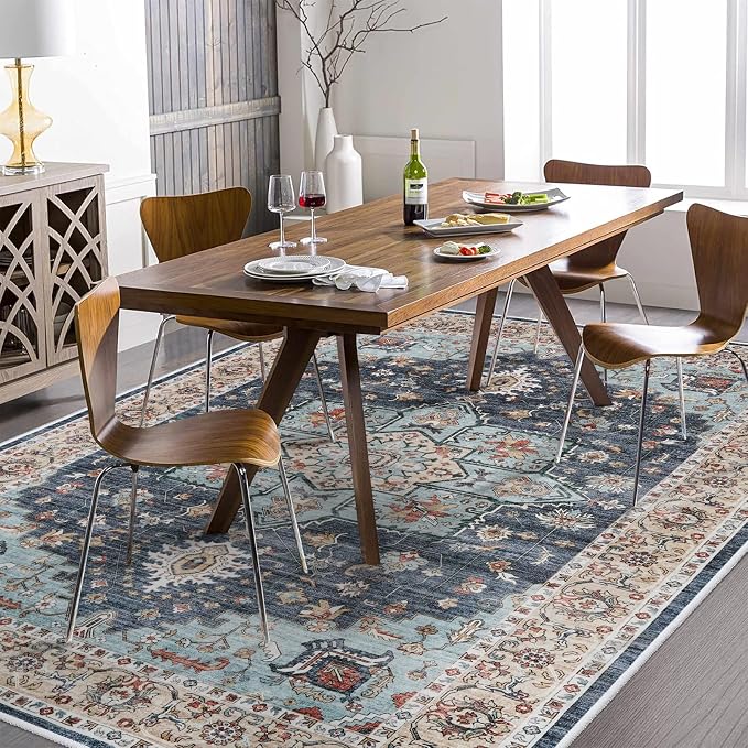 TOPRUUG Washable Oriental Area Rug - 5x7 Rugs for Living Room Soft Carpet for Bedroom Waterproof Floral Distressed Indoor Stain Resistant Non-Shedding Floor Carpets (Blue/Teal/Orange, 5x7)