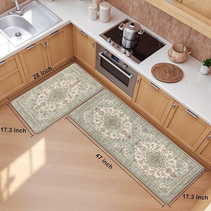 Boho Kitchen Mats for Floor 2 Piece Set Anti Fatigue Cushioned PVC Kitchen Rugs Non Slip Waterproof Farmhouse Mats 2/5 Inch Comfort Standing Mat for Laundry, 17.3"x47"+17.3"x28", Green Orange Beige
