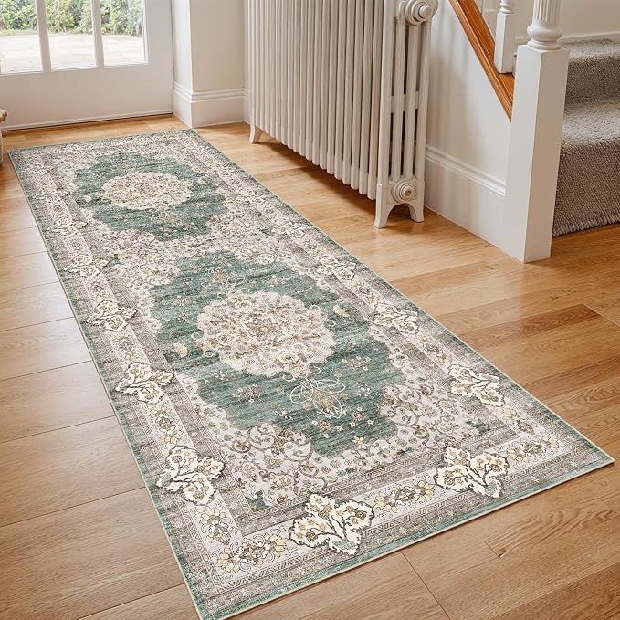 3x6 Washable Hallway Runner Rug:Oriental Indoor Kitchen Rugs Vintage Door Mat Non Slip with Rubber Backing Low Pile Thin Carpet for Bedroom Bathroom Living Room Bedside (3x6 Green/Beige)