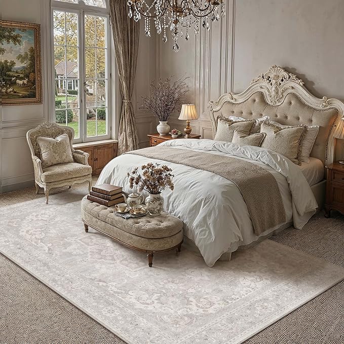 PureCozy Gray 5x7 Area Rug for Living Room Washable Vintage Carpet Non Slip Low Pile Indoor Bedroom Soft Retro Oriental Medallion Grey Accent Throw Large Rug for Kitchen Dining Room Office