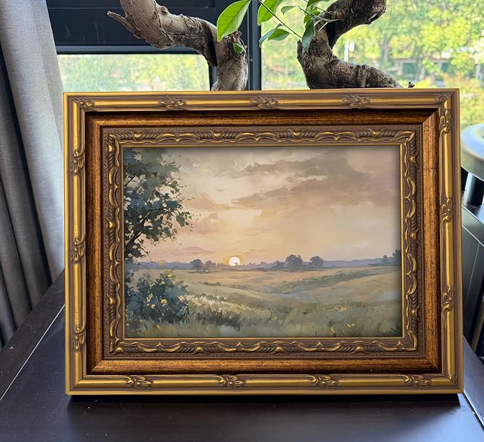 Vintage Gold Framed Wall Art Retro Fall Sunset Country Oil Painting Canvas Prints Watercolor Autumn Landscape Picture Rustic Farmhouse Soft Nature Poster Artwork for Living Room Bedroom, 9x11in