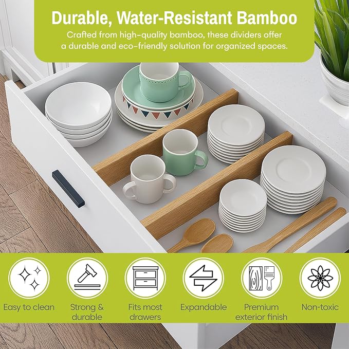 Bamboo Drawer Dividers Adjustable & Expandable, Kitchen Drawer Organizer, Ideal for Silverware, Dresser Drawers Organizer or Bedroom & Bathroom Drawers Organizers (8pk)