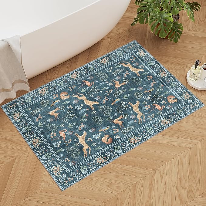 DUKINO 2x3 Rug, Washable Animal Rugs for Entryway, Non Slip Indoor Door Mat, Soft Low Pile Small Area Carpet for Entrance, Bedroom, Kitchen, Laundry, Bathroom, Blue