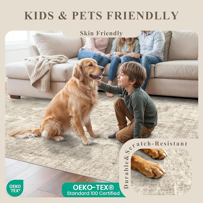 10x10 ft Square Living Room Rug – Washable Modern Abstract Area Rug for Bedroom, Dining Room, Playroom – Neutral Non-Slip Low-Pile Thin Indoor Carpet (Warm Beige)