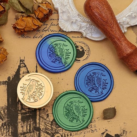 SWANGSA Moon Crow Wax Seal Stamp Kit with 200pcs Sealing Wax Beads, Great for Embellishment of Halloween Party Invitations, Wine Packages, Gift Wraps