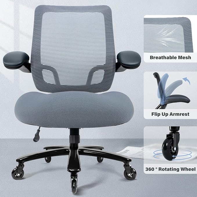 Kassipo 500LBS Big and Tall Office Chair with Flip-Up Armrests, Heavy Duty Office Chair for Heavy People, Memory Foam Seat Filling Springs, Grey