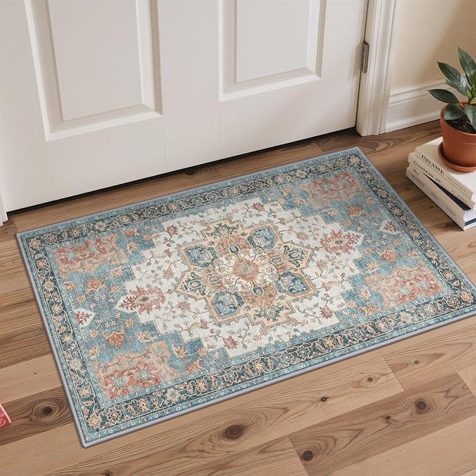 GENIMO Kitchen Rugs Non Slip Washable, 2PCS Kitchen Mats for Floor, Cushioned Standing Mat, Kitchen Runner Rug Floor Mat for Kitchen Decor, Laundry, Sink, Entryway, Home, 20"x32"+20"x48", Blue&Salmon