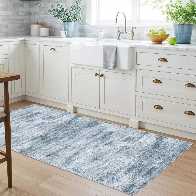 2x5 Non-Slip Washable Runner Rug – Modern Neutral Abstract Small Rug for Hallway, Kitchen, Bathroom, Bedroom, Entryway, Laundry Room – Thin Soft Low-Pile Rubber Backing (Blue Grey)