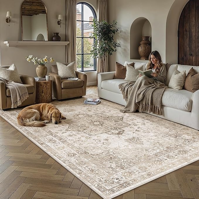 PureCozy Taupe 5x7 Area Rug Washable Vintage Living Room Carpet Non Slip Retro Distressed Low Pile Soft Oriental Medallion Thin Throw Rug for Kitchen Bathroom Office Bedroom Dining Room