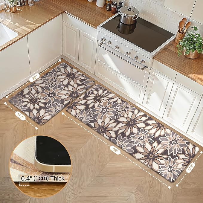 GENIMO Anti Fatigue Kitchen Mats for Floor 2PCS, Cushioned Standing Mats | 17.3"x59"&17.3"x30", Deep Brown vintage floral rug set, waterproof, non slip, easy-clean for farmhouse
