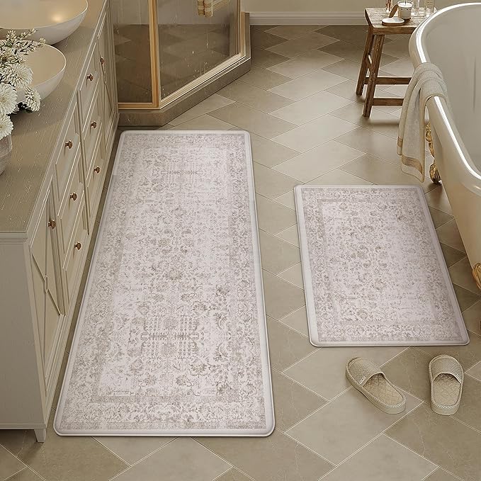 Kitchen Mats 2PCS Anti Fatigue Cushioned Mat Light Brown Vintage Kitchen Mats for Floor Waterproof Non Slip Comfort Standing Retro Floral Rug for Sink Laundry Office 17.3"x59"+17.3"x30"