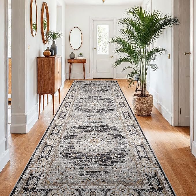 4x10 Runner Rug for Hallway Washable: Non Slip Kitchen Rugs with Rubber Backing Soft Waterproof Wide Mats Stain Resistant Low Pile Carpet for Entryway Bedroom Bathroom Laundry Home Decor Black/Gray