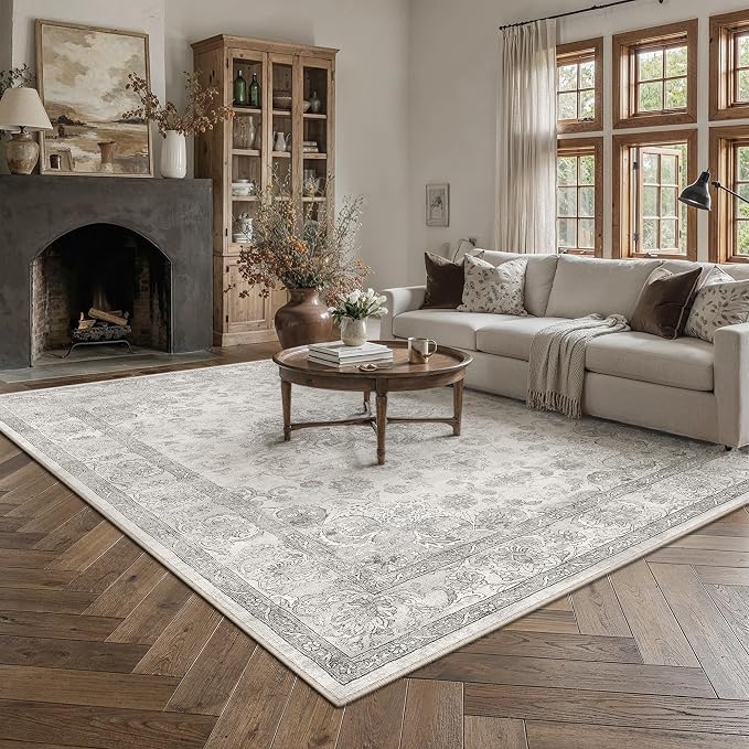 PureCozy Gray Area Rug 9x12 Washable Vintage Living Room Bedroom Carpet Non Slip Soft Low Pile Distressed Medallion Indoor Floor Grey Retro Throw Large Rug for Dining Room Office