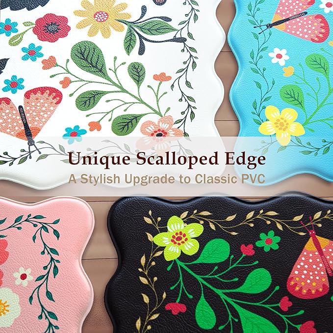 Scalloped Black Kitchen Mats for Floor Cushioned Anti Fatigue Kitchen Mats Rugs Waterproof Non Slip Farmhouse Boho Floral Comfort Foam Standing Mat for Sink Laundry, 17.3x59