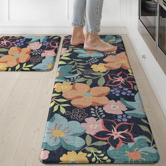 GENIMO Anti Fatigue Kitchen Mats for Floor 2PCS, Cushioned Standing Mats | 17.3"x47"&17.3"x30", Light Black vintage floral rug set, waterproof, non slip, easy-clean for farmhouse