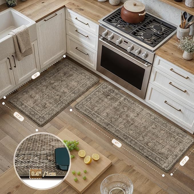 PureCozy Kitchen Mats for Floor Anti Fatigue Cushioned Brown Vintage Kitchen Mats Waterproof Non Slip Comfort Standing Distressed Rug for Sink Laundry Office Bathroom 17.3"x30"