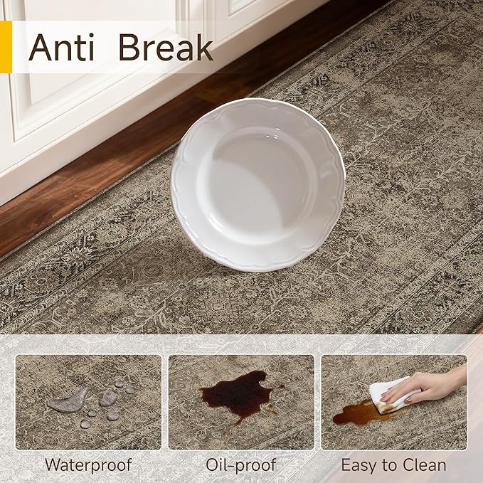 PureCozy Kitchen Mats 2PCS Anti Fatigue Cushioned Mat Brown Vintage Kitchen Mats for Floor Waterproof Non Slip Comfort Standing Distressed Rug for Sink Laundry Office 17.3"x59"+17.3"x30"
