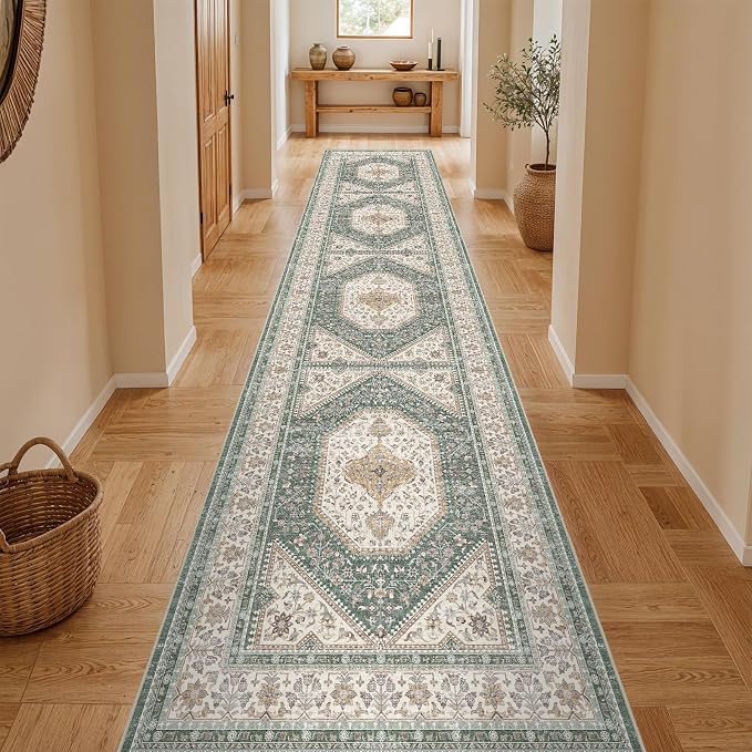 3x14 Runner Rug for Hallway Washable: Non Slip Kitchen Rugs with Rubber Backing Soft Waterproof Mats Stain Resistant Indoor Vintage Carpet Runner for Bedroom Bathroom Laundry Entryway Green/Beige