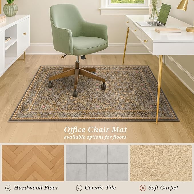 Vintage Brown Office Rugs for Rolling Chairs, 36"x48" Home Office Rug for Computer Gaming Chair, Low Pile, Slip-Resistant and Ultra Soft Area Rug for Protecting Floors, Boho Taupe Floral Design