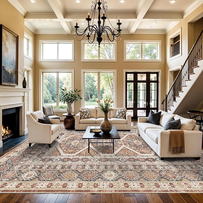 12x15 Area Rug for Living Room: Vintage Oriental Washable Rug for Bedroom Dining Room with Non Slip Rubber Backing Stain Resistant Low Pile Large Carpet Home Office (Brick, 12x15)