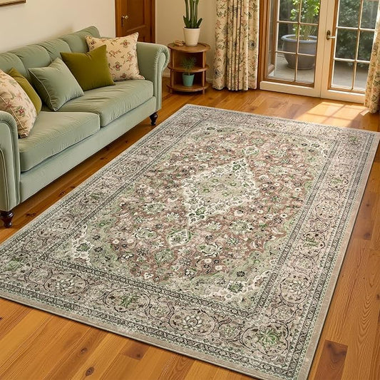 4x6 Green Washable Boho Area Rug for Bedroom, Vintage Floral Non Slip Living Room Rugs, Soft Low Pile Indoor Mat, Aesthetic Pattern Carpet for Kitchen, Dining Room and Bedside