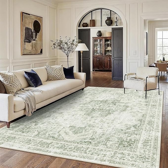 9x12 Vintage Washable Area Rugs Boho Medallion Large Distressed Retro Accent Carpet Floral Non-Slip Soft Low Pile Indoor Throw Rug for Living Room Bedroom Dining Room Office Kitchen, Green