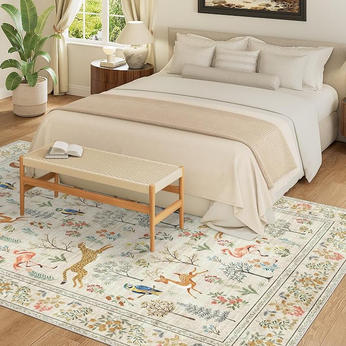 DUKINO 6x9 Rug, Washable Animal Living Room Rug with Non Slip Vintage Design, Soft Low Pile Large Carpet for Bedroom, Nursery, Dining Room, Farmhouse, Playroom, White