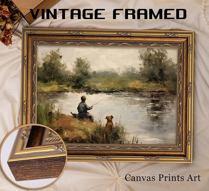 Vintage Gold Framed Wall Art Boy Fishing Country Oil Painting Canvas Prints Peaceful Lake Landscape with Dog Picture Rustic Farmhouse Poster Artwork for Nursery Living Room Bedroom, 9x11in