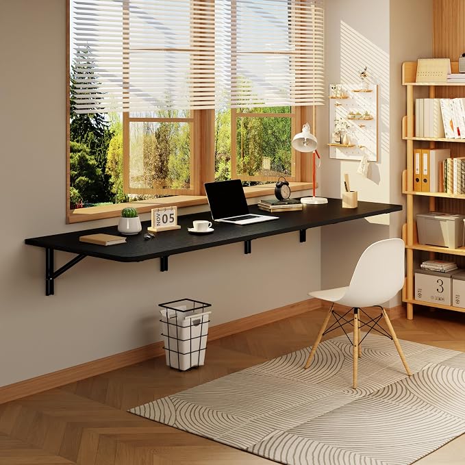 IAE Wall Mounted Floating Foldable Desk 72" x 22" Folding Computer Workstation Table with Engineered Wood and Metal Shelf Brackets,Fold&Floating Design for Home Office, Apartment,Laundry Room,Black