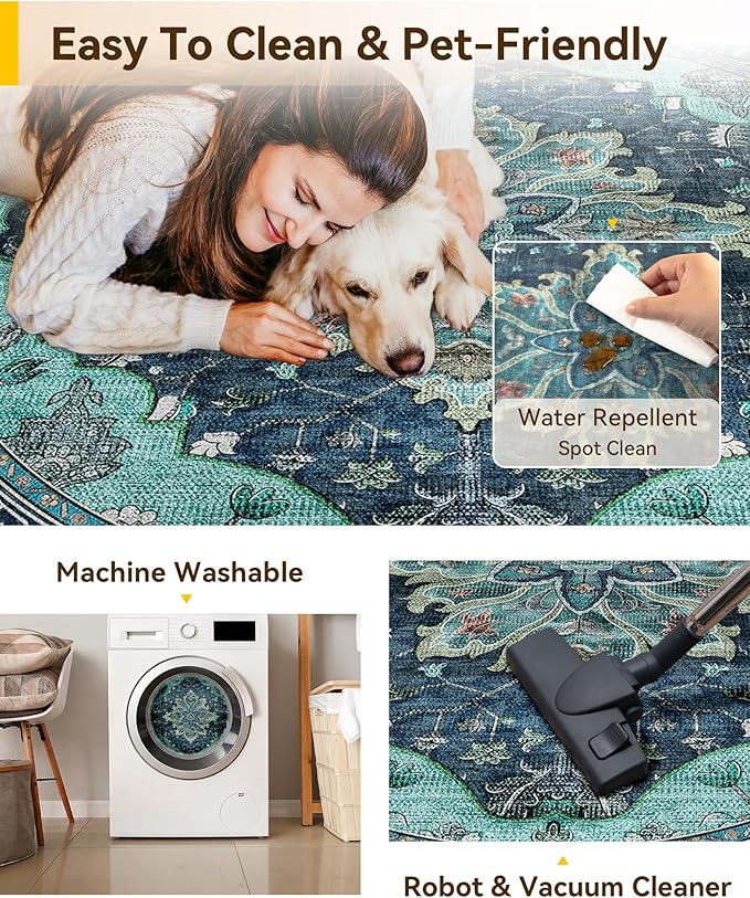 RELEANY Area Rugs Round 5ft Washable Non-Slip, Floral Vintage Distress Medallion Carpet for Living Room Bedroom Dining Room, Teal Green Lake Blue Turquoise