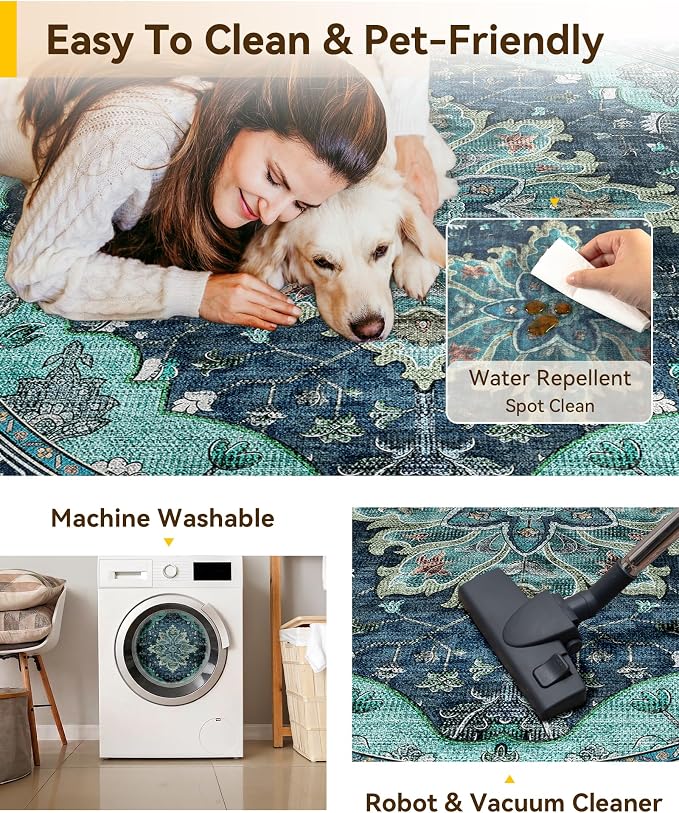 RELEANY Area Rugs Round 4ft Washable Non-Slip, Floral Vintage Distress Medallion Carpet for Living Room Bedroom Dining Room, Teal Green Lake Blue Turquoise